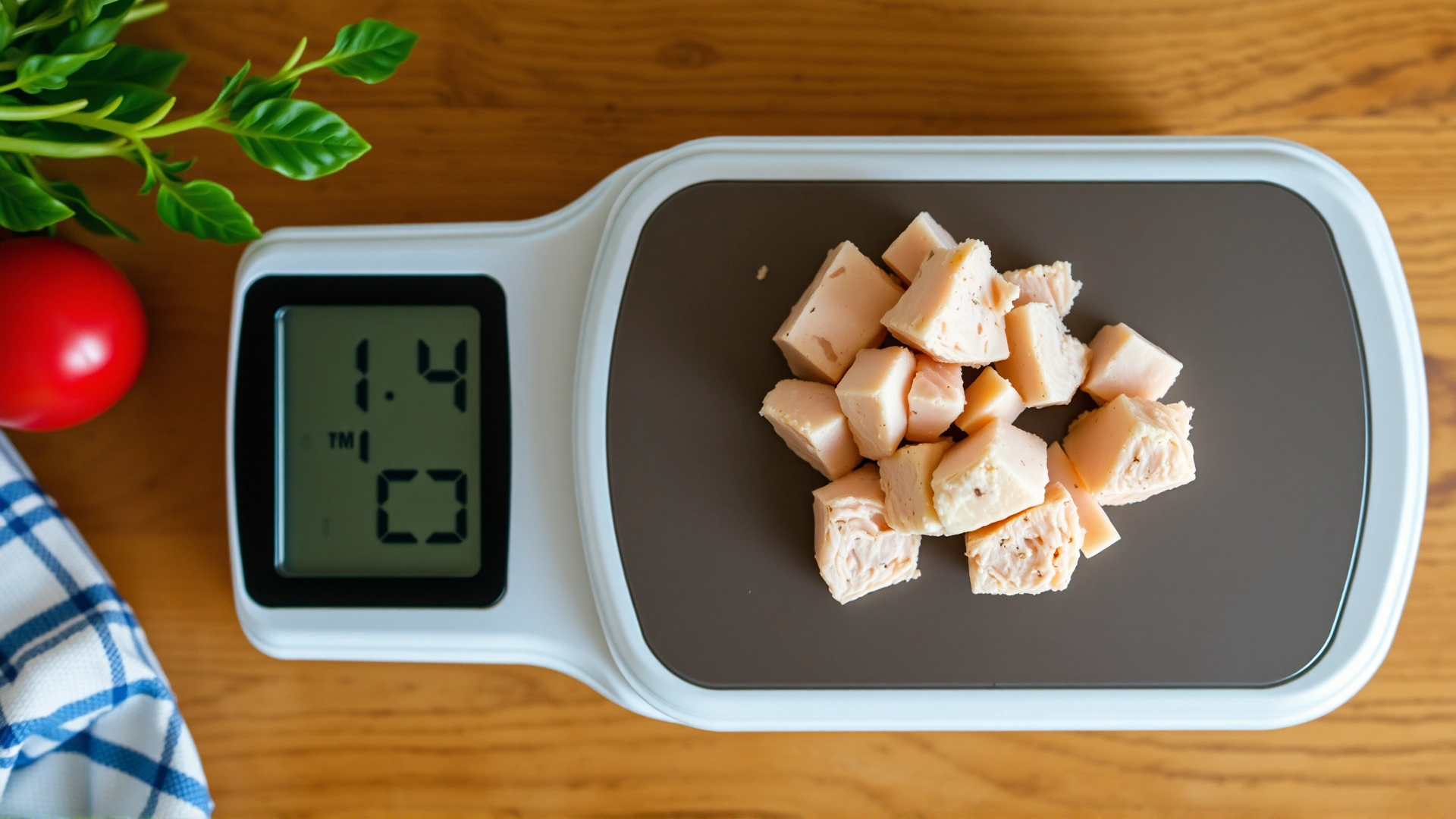 Top-down view of a digital kitchen scale displaying a small portion of cubed turkey, emphasizing correct serving size