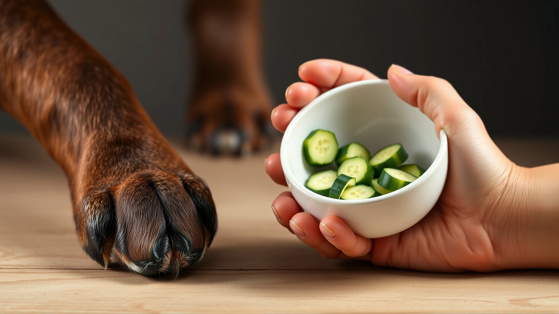 Hand holding a small bowl with measured cucumber pieces next to a dog's paw to illustrate proper portion size