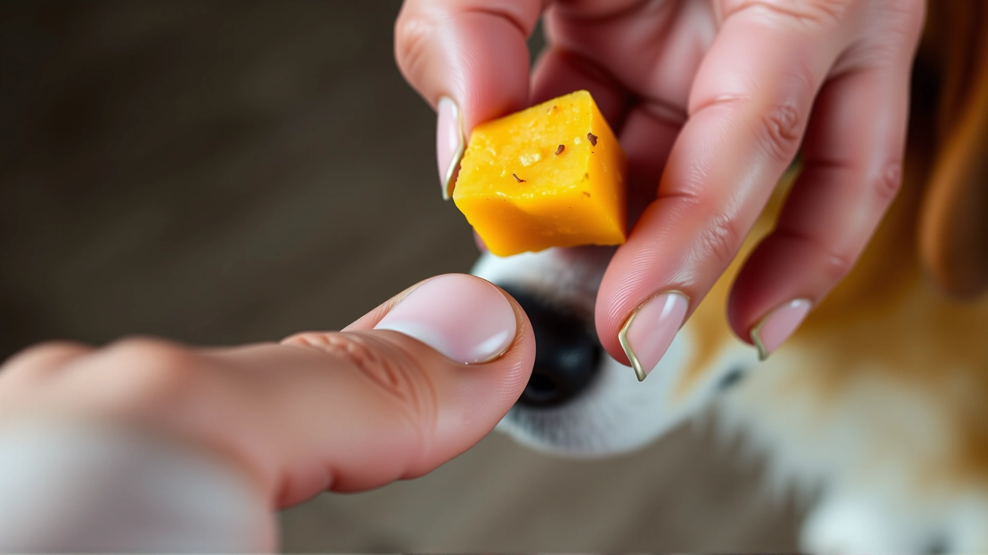 Close-up of a human hand offering a small cube of cooked squash to a dog as a treat, showing portion size.