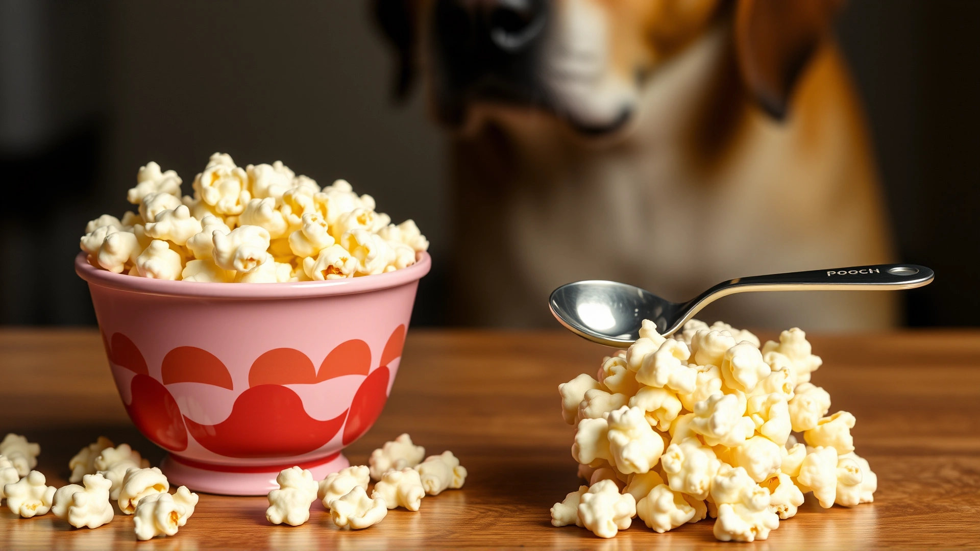 Two small bowls of plain popcorn side by side with labeled measuring spoons, illustrating appropriate portion sizes, with a large dog in the background