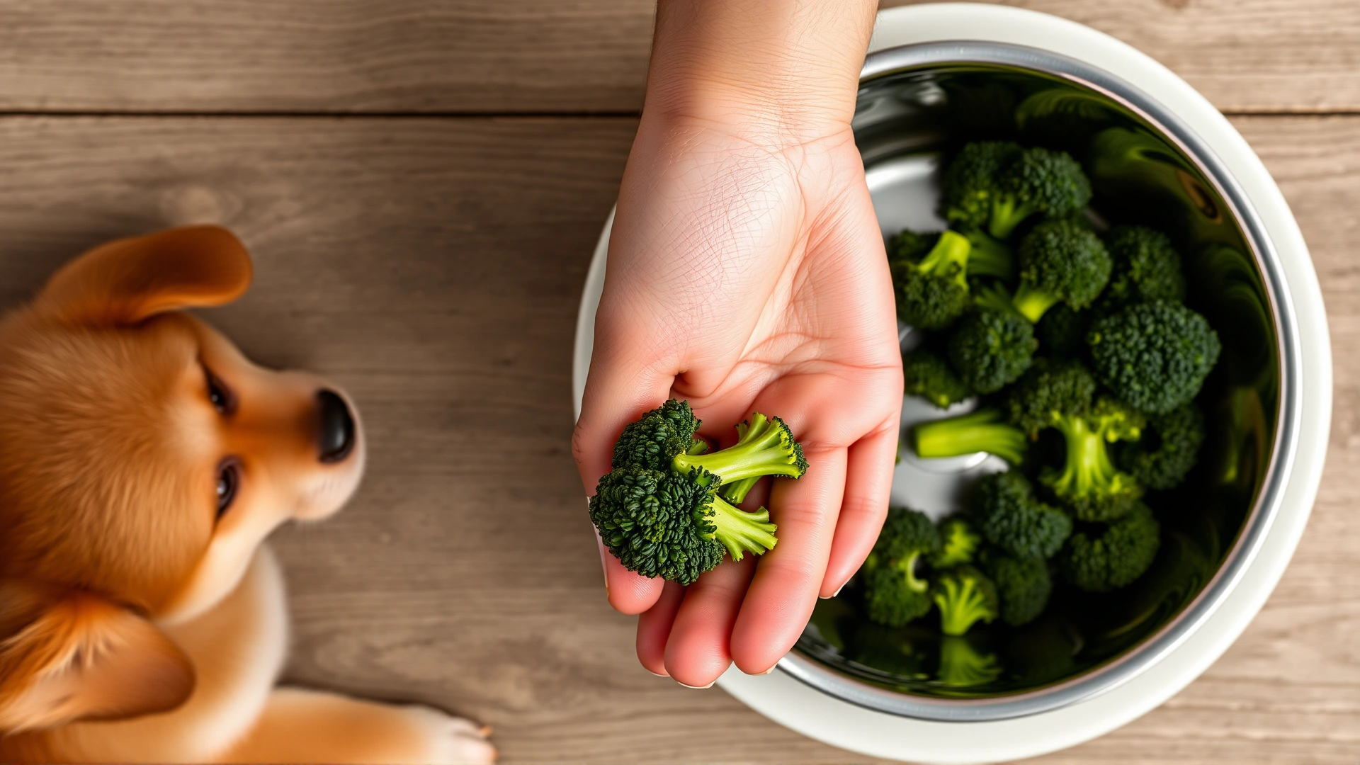 Top-down view of a human hand holding a small portion of broccoli next to a dog bowl to illustrate serving size