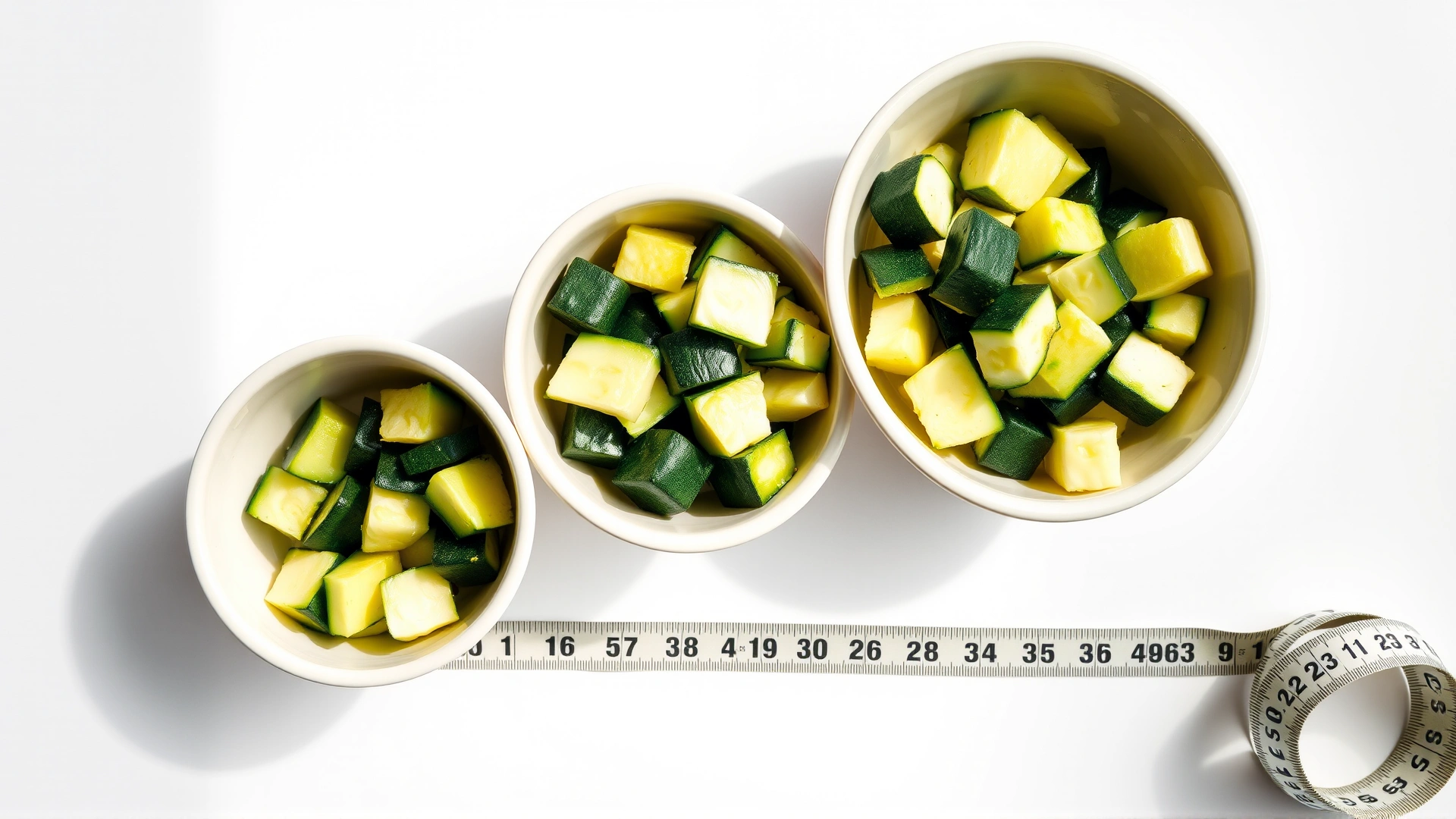 Three ceramic bowls of different sizes filled with proportionate amounts of zucchini cubes, placed next to a measuring tape on a white surface, bright top-down view