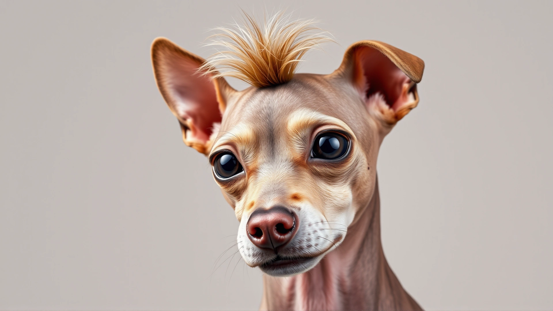 A close-up portrait of a hairless Chinese Crested dog against a neutral background, focusing on its expressive eyes and distinctive tuft of hair on the head.