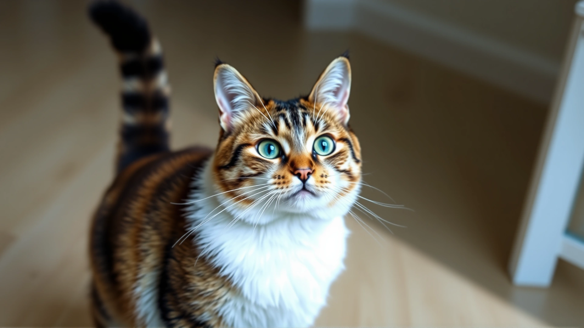 Friendly cat with tail up and ears forward standing on a wooden floor, conveying positive body language