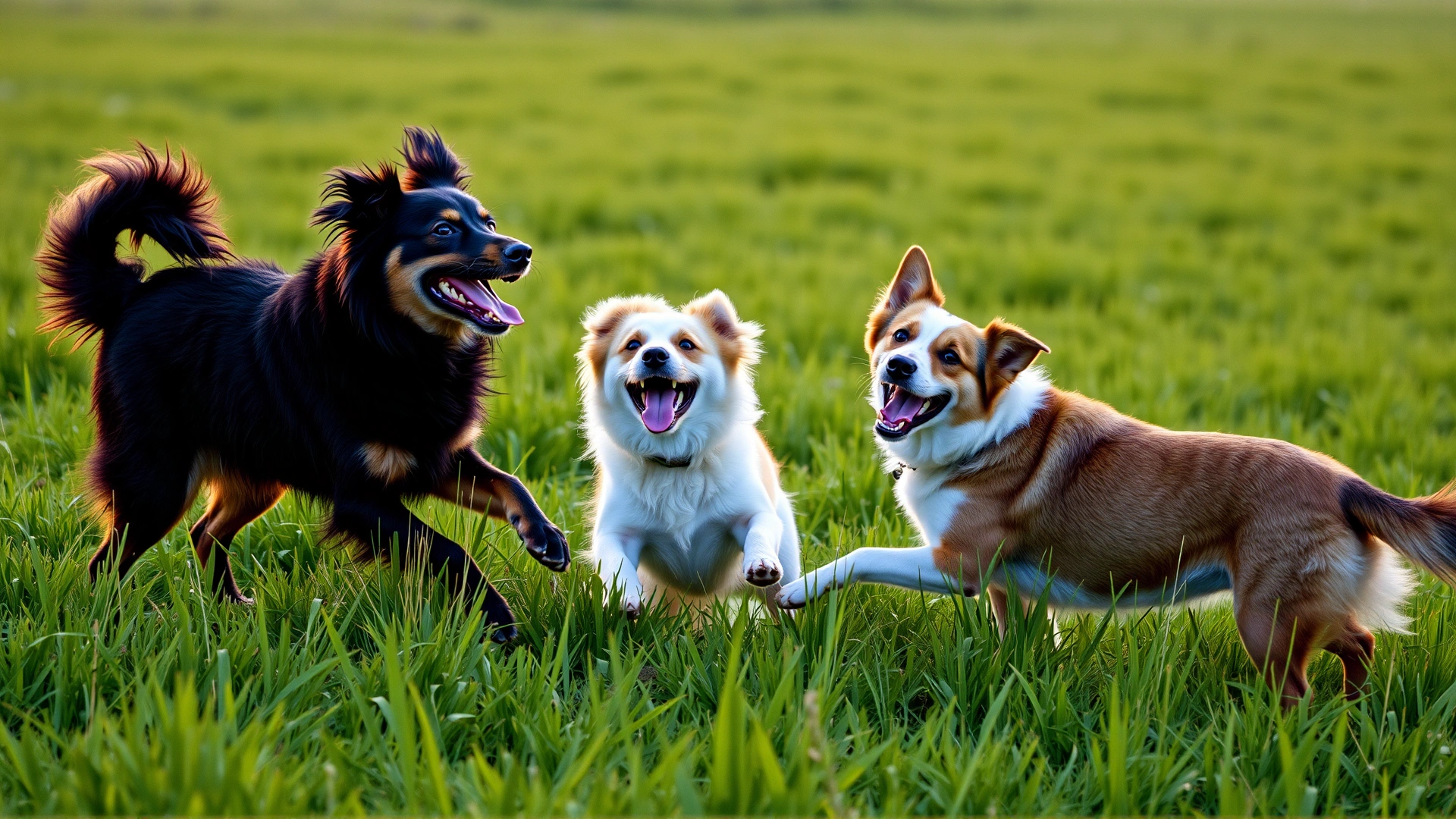 Group of three dogs joyfully playing in a green meadow at golden hour, tails wagging, no text