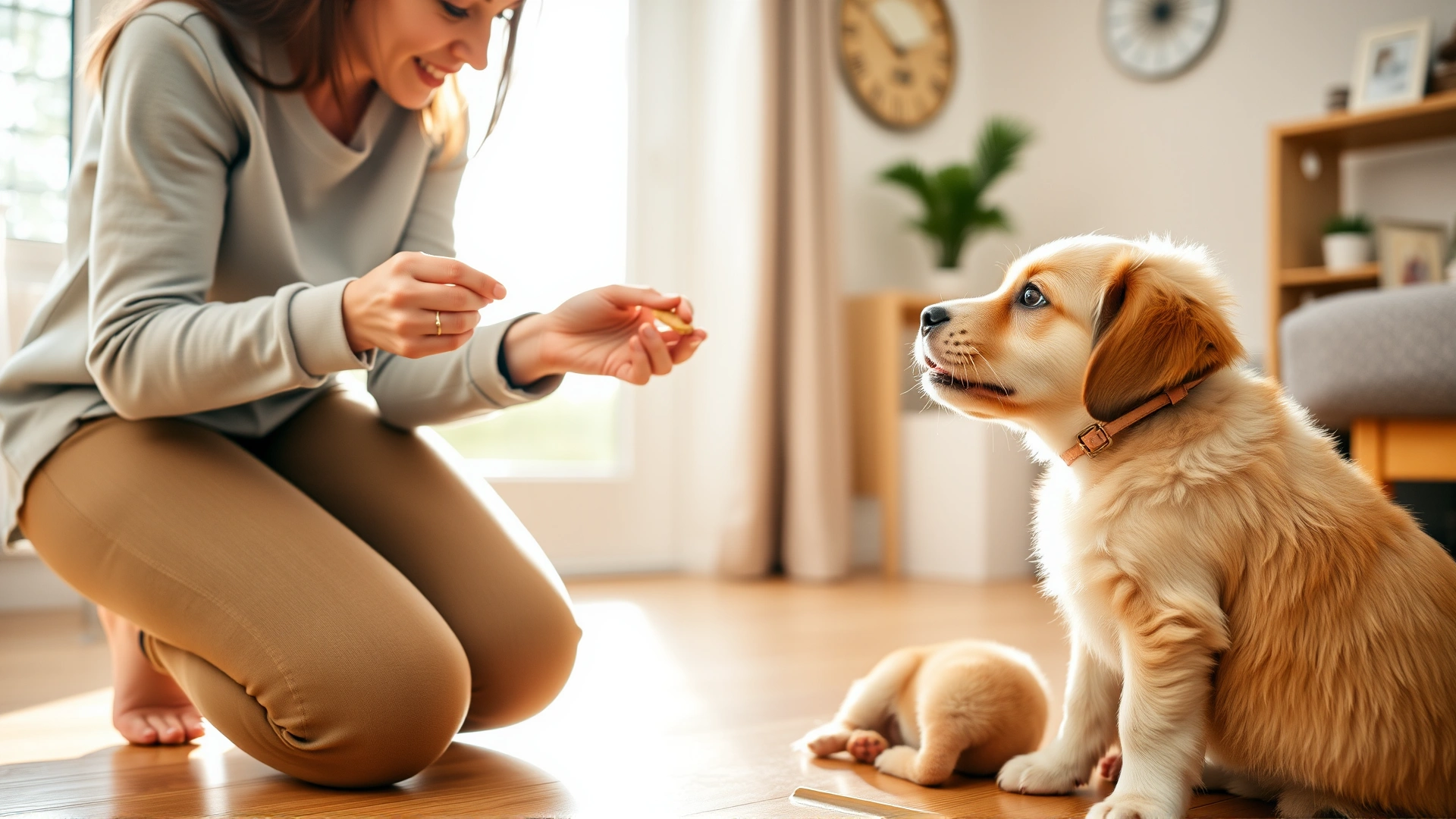 Dog owner kneeling and giving a small treat to a sitting puppy as positive reinforcement during training, bright home setting.