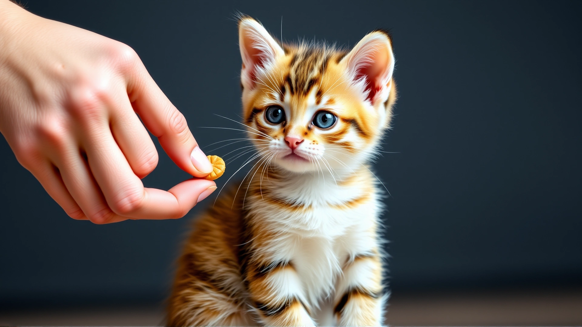 Owner hand giving a tiny treat to a kitten sitting obediently, illustrating positive reinforcement training.