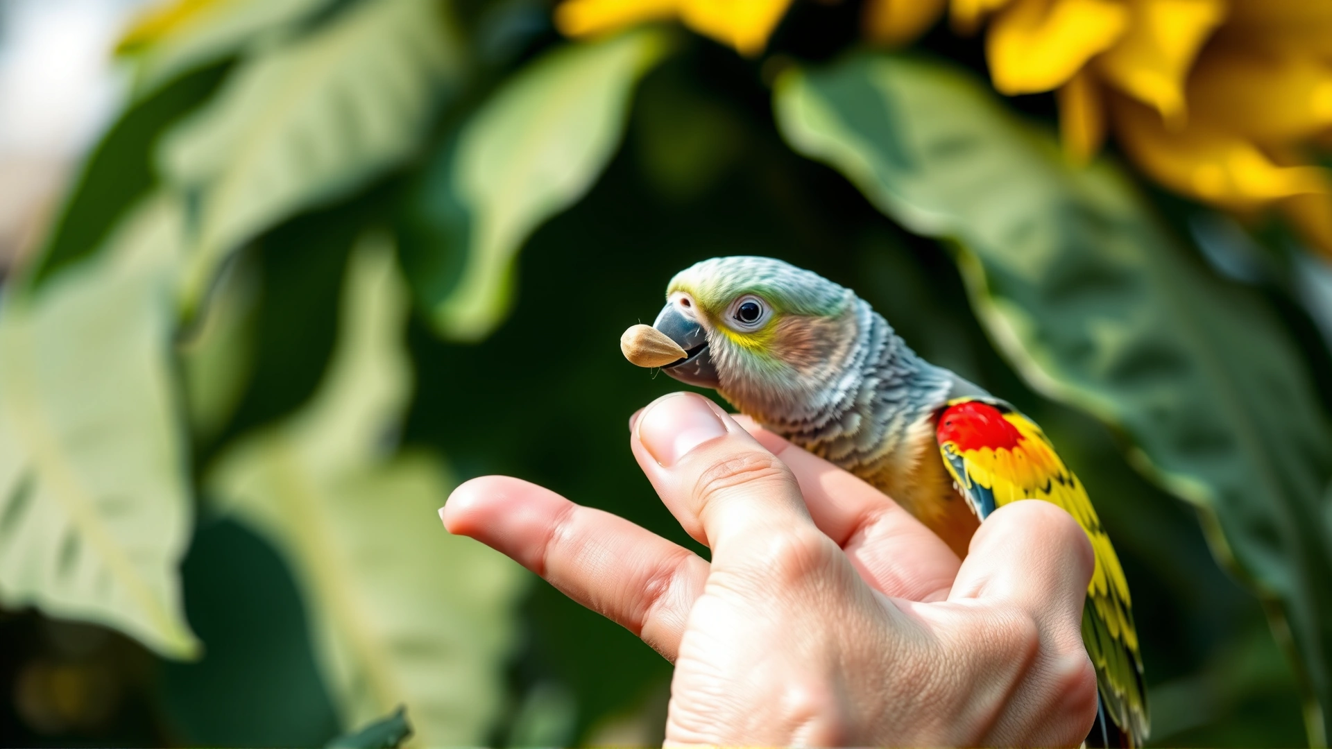 Hand offering a sunflower seed to a small parrot as a reward, clear focus on the seed and the bird’s beak.
