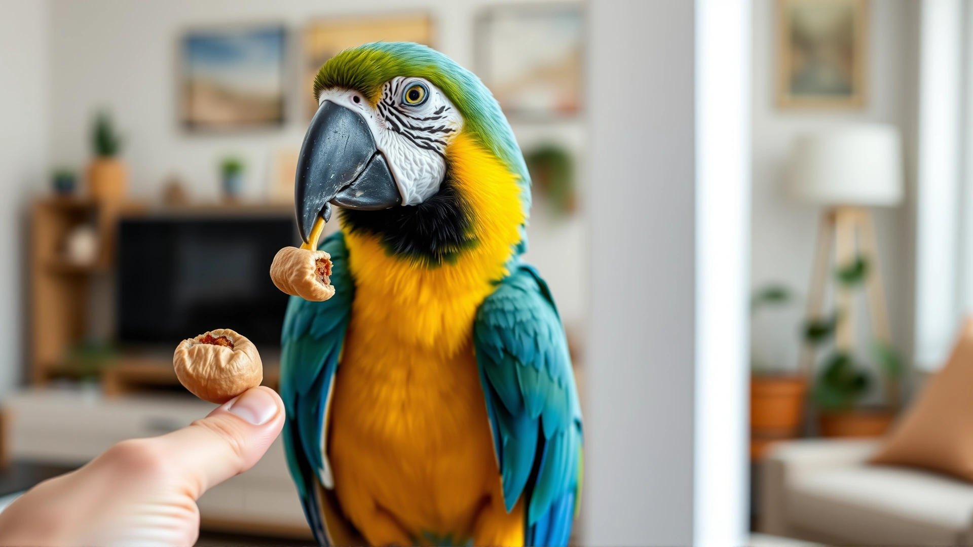 Colorful macaw receiving a small nut from a smiling owner's fingers, blurred living room background, natural light, high resolution