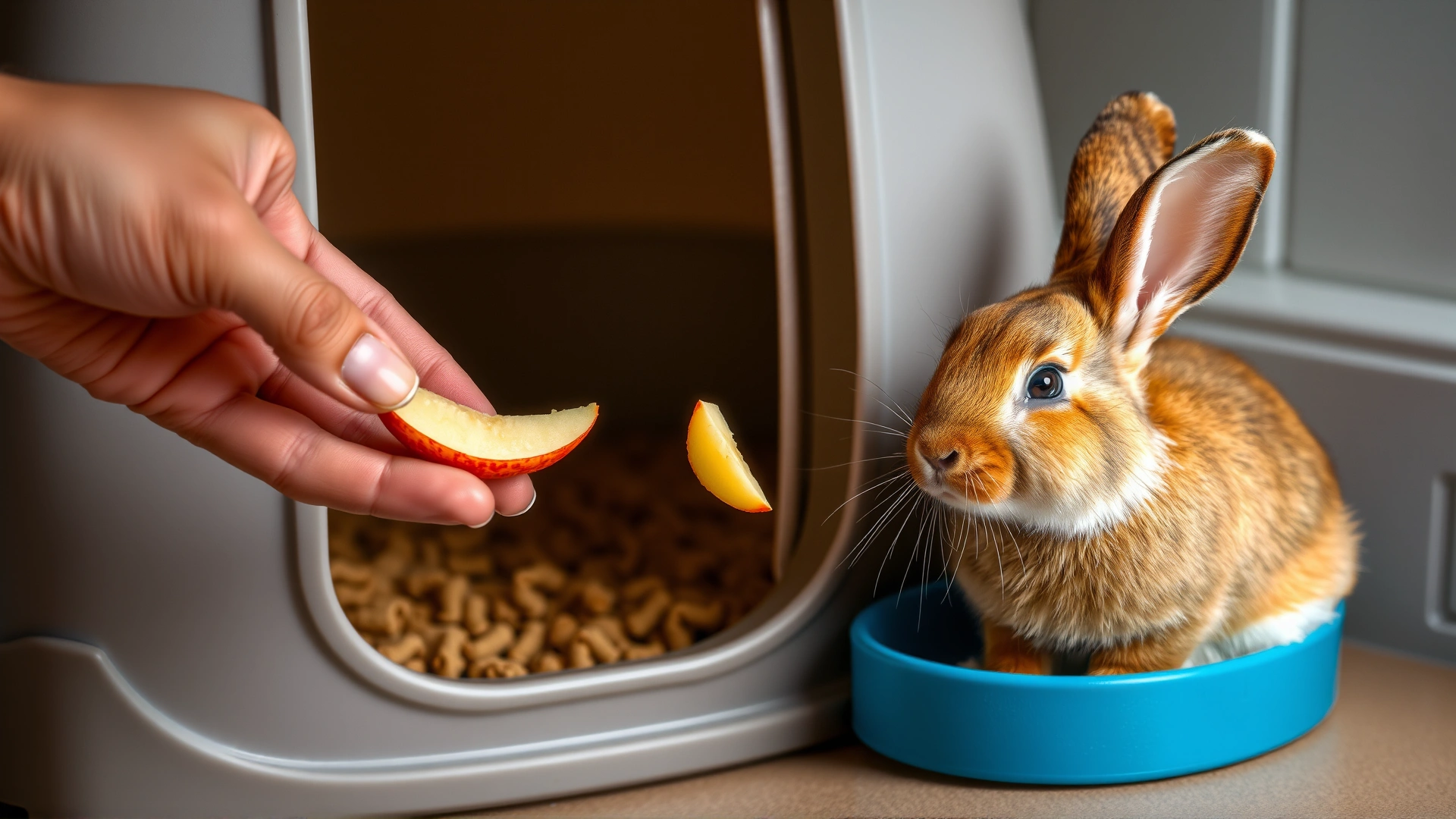 A hand offering a small piece of apple to a rabbit sitting next to a successfully used litter box.