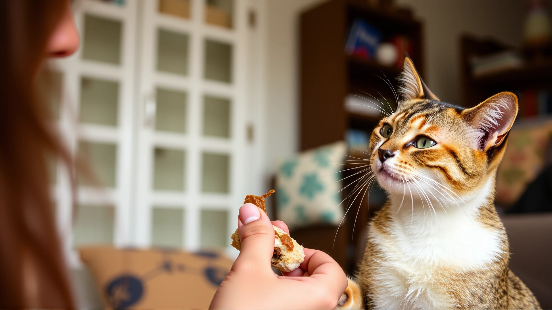 Owner giving a small treat to a well-behaved cat in a cozy home environment, showcasing positive reinforcement.