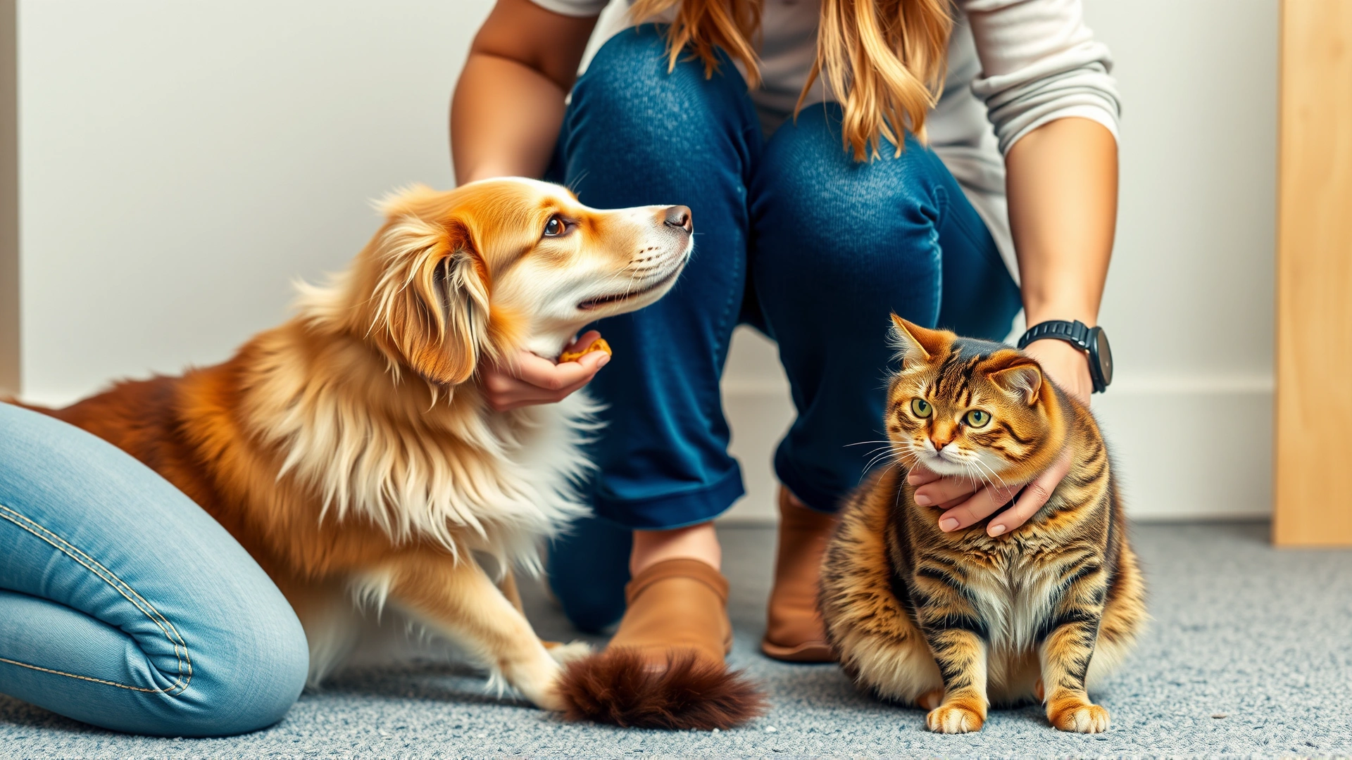 Pet owner kneeling to give a treat to a calm dog while a confident cat sits nearby, showcasing positive reinforcement during introductions.