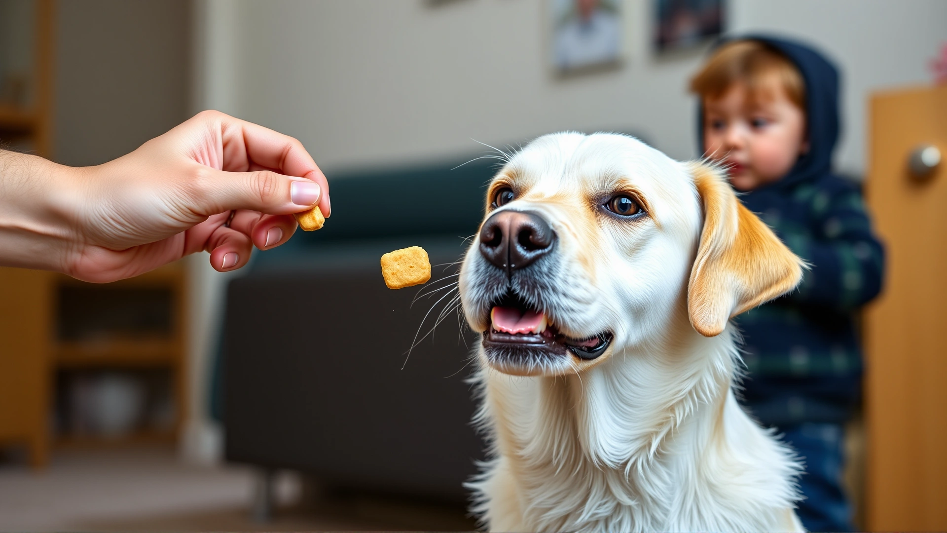 Adult hand offering a small treat to a relaxed dog while a child observes from a few feet away, focus on treat delivery and calm body language, indoor setting.