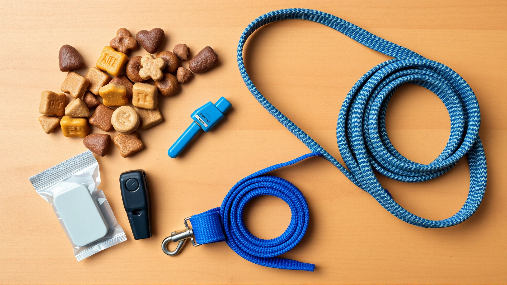 Flat-lay of dog training supplies: treats, clicker, whistle, and a long training leash neatly arranged on a wooden surface.