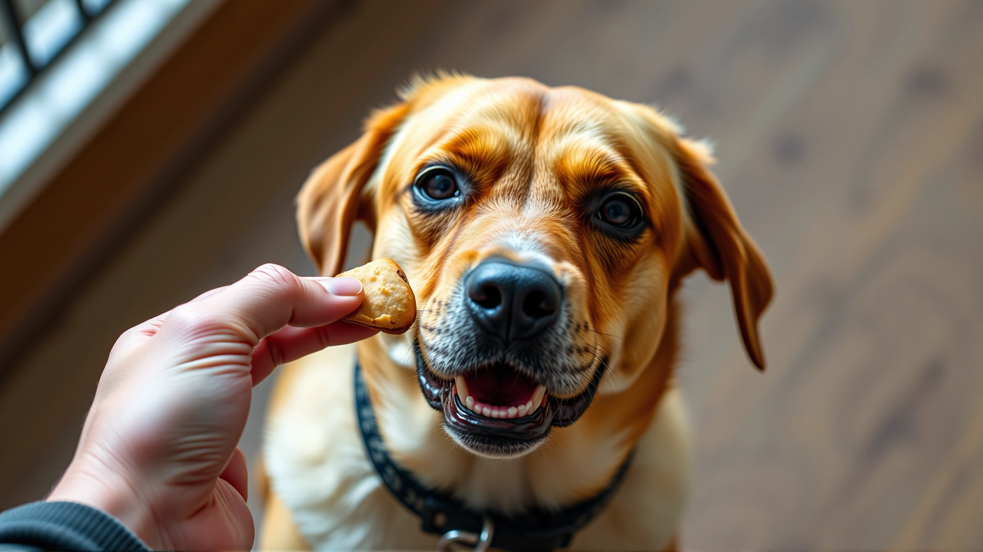 A hand giving a small treat to a rescue dog who just performed a ‘sit’ command, emphasizing positive reinforcement.