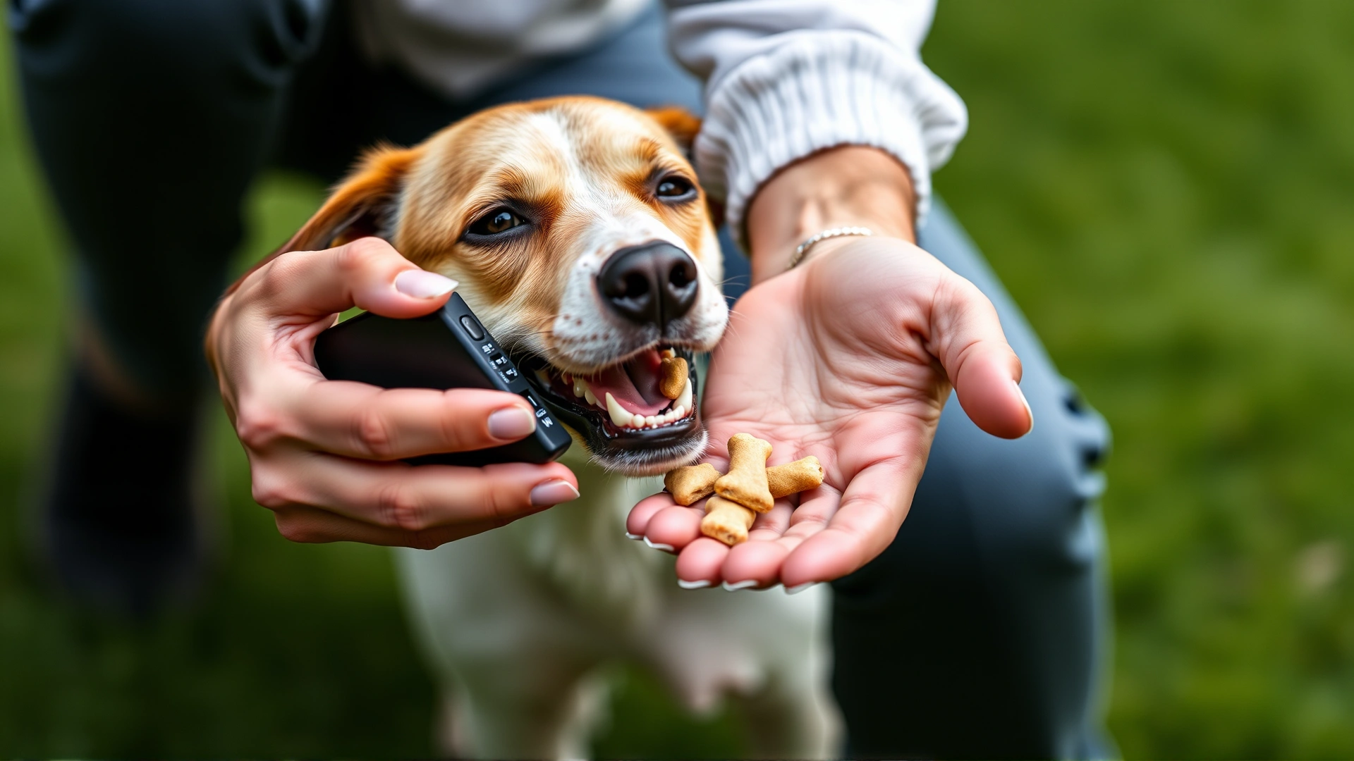 Owner holding a clicker in one hand and small training treats in the other, focus on hands