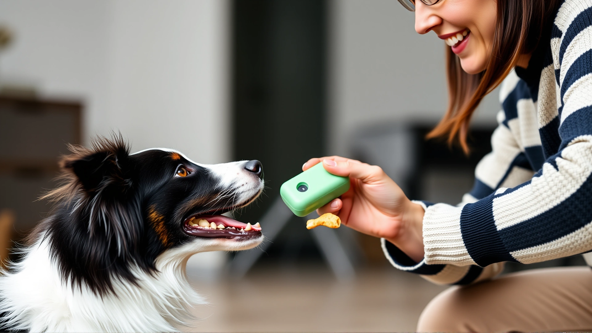 Owner happily clicking a training clicker and handing a small treat to a border collie; background blurred to focus on interaction.