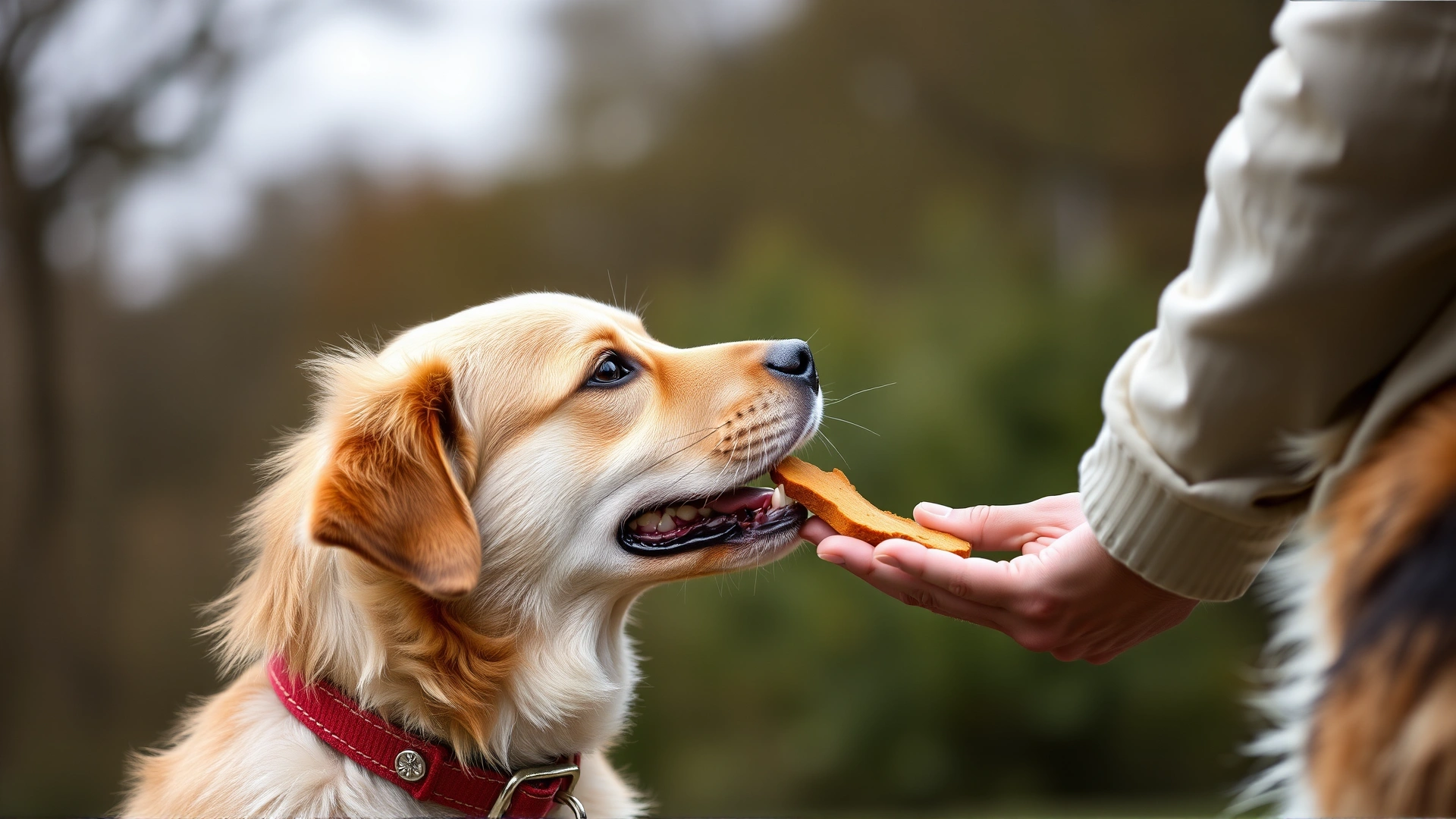 Dog receiving a treat from its owner after calmly observing another dog, illustrating positive reinforcement.