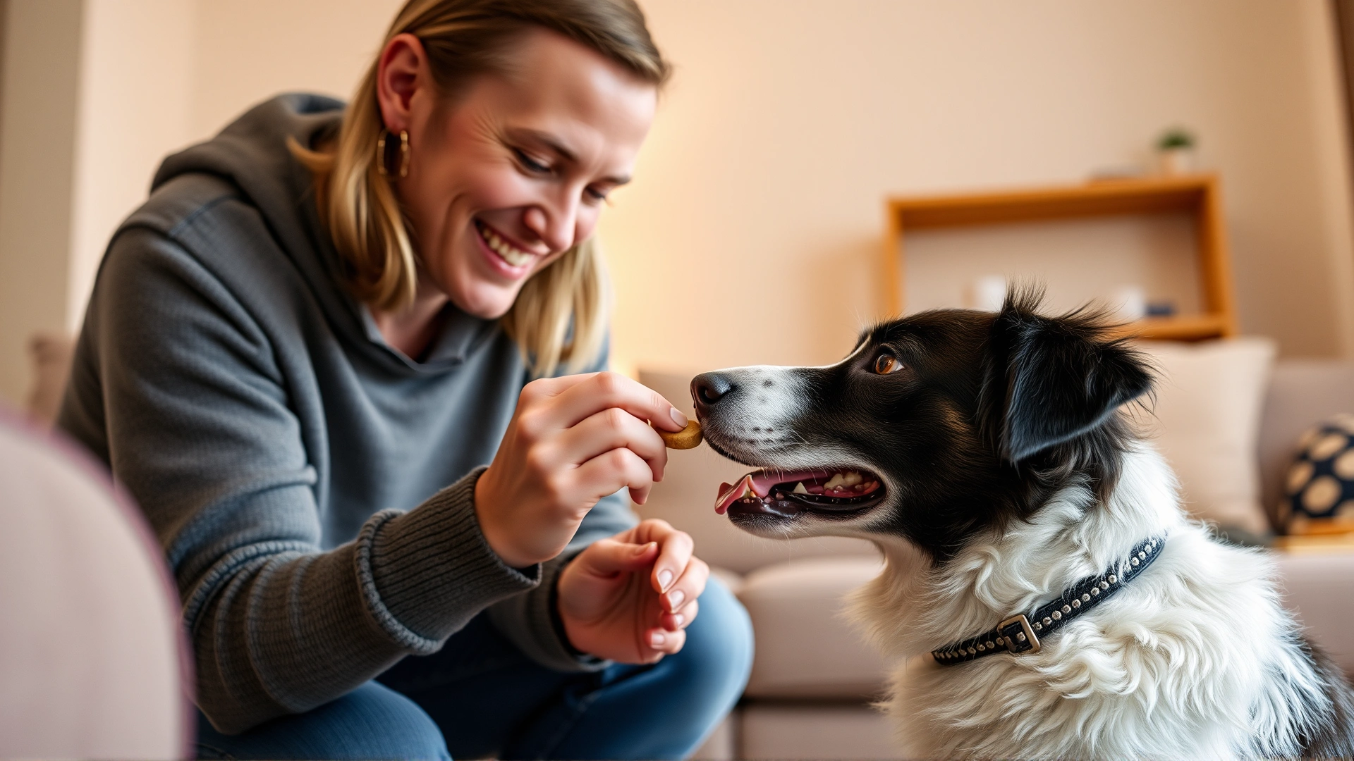 Owner gently rewarding their dog with a treat while the dog performs a calm behavior at home, warm indoor lighting