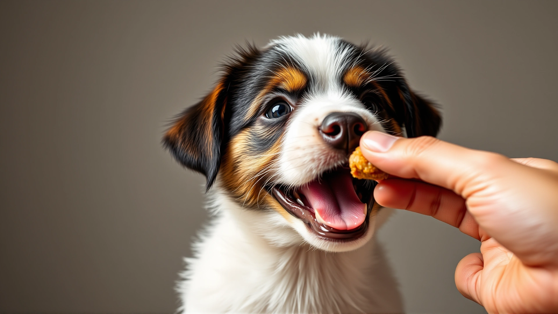 Close-up of a hand giving a small treat to a happy puppy who has just performed the 'sit' command—demonstrates positive reinforcement.
