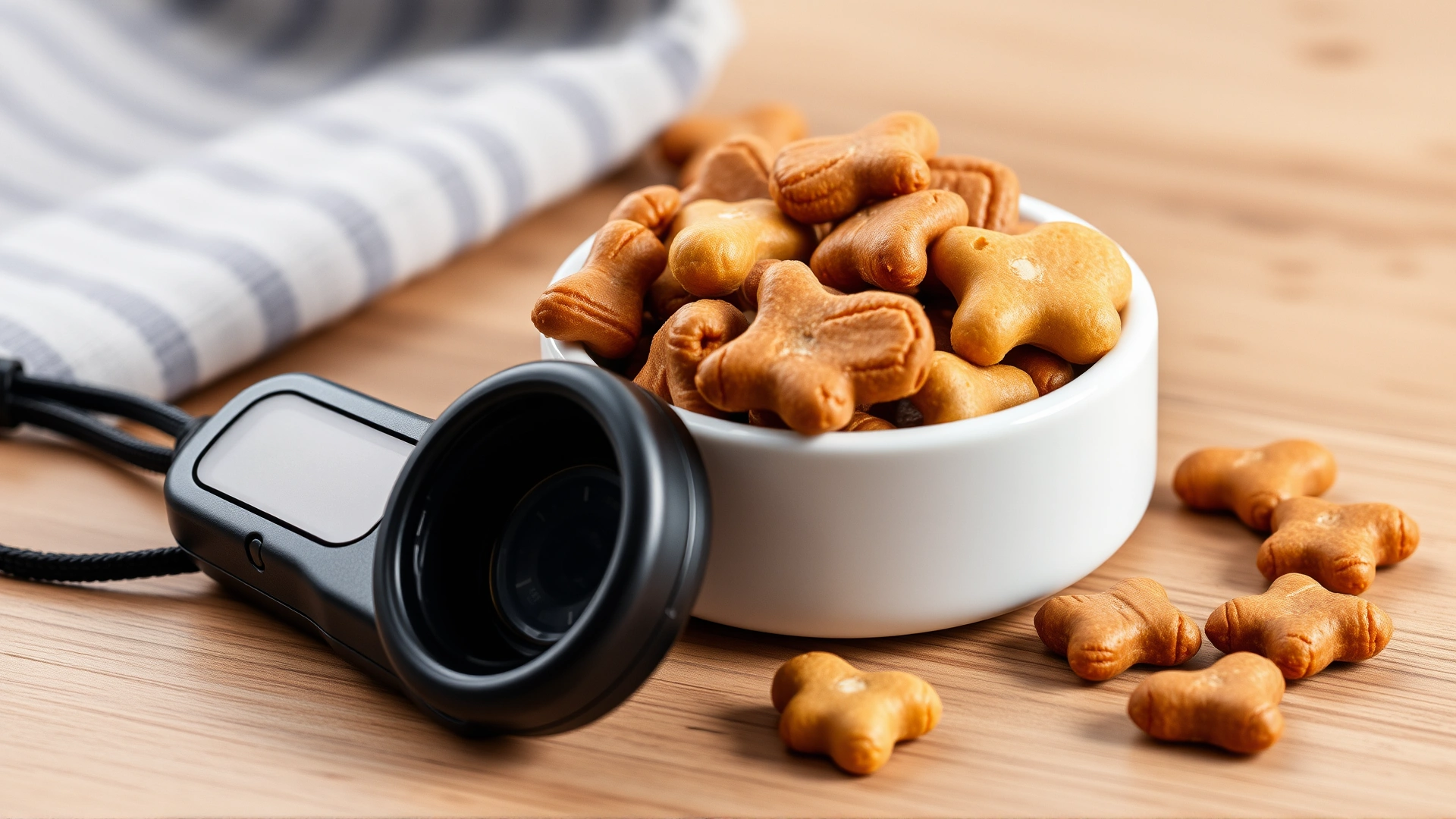 Small ceramic bowl filled with assorted high-value dog treats next to a clicker on a wooden table