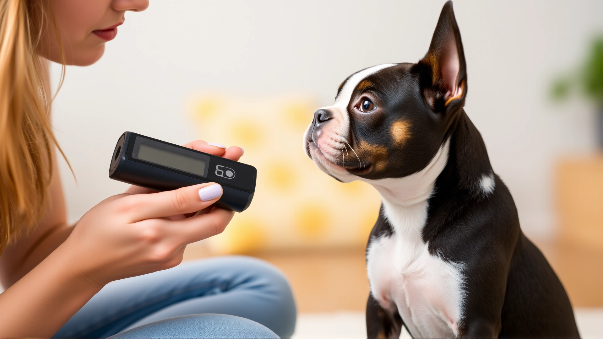 Young woman using clicker and timer during short home training session with Boston Terrier puppy