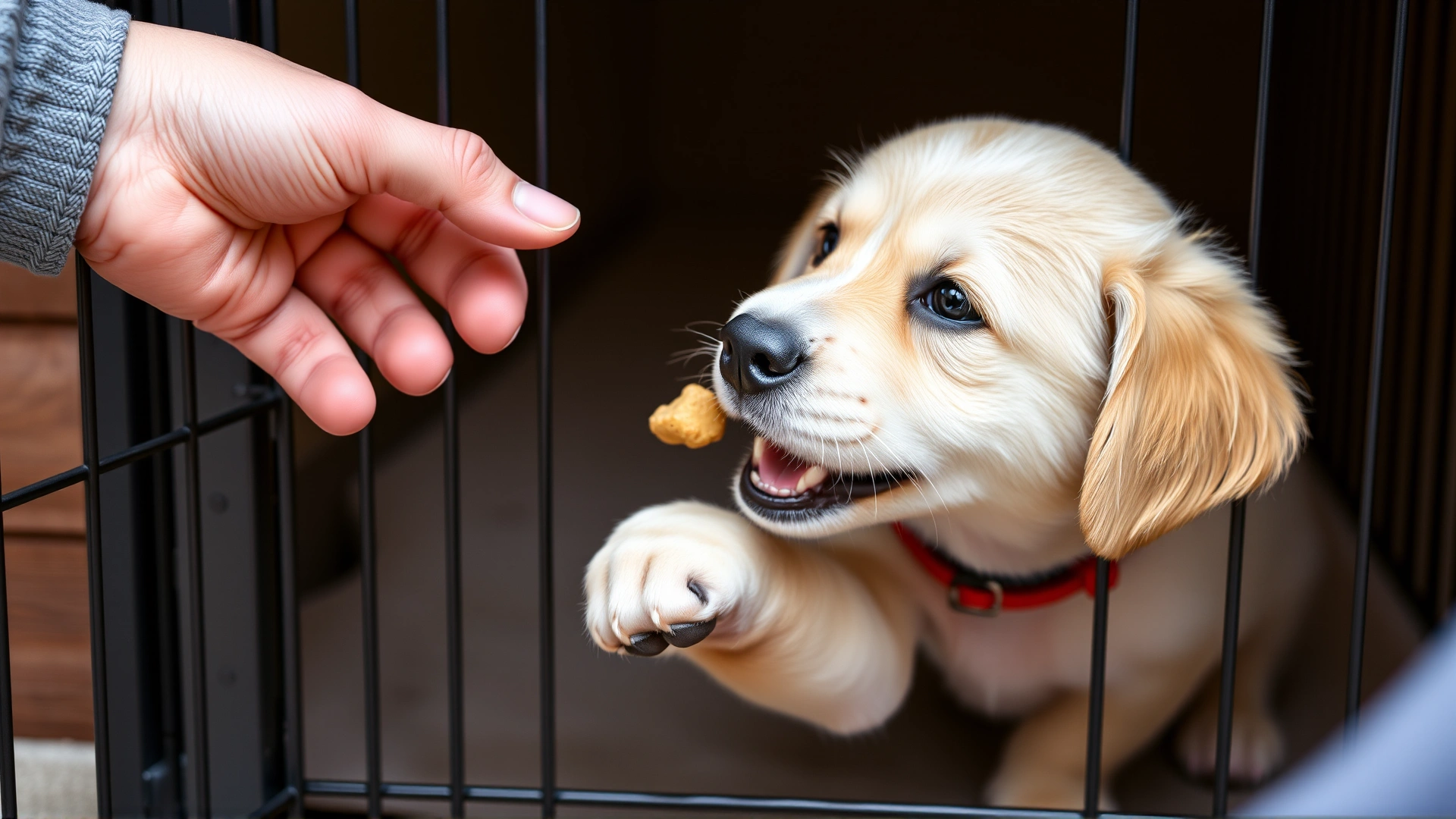Person’s hand giving a small treat to a happy puppy just outside a crate door, emphasizing positive reinforcement principles