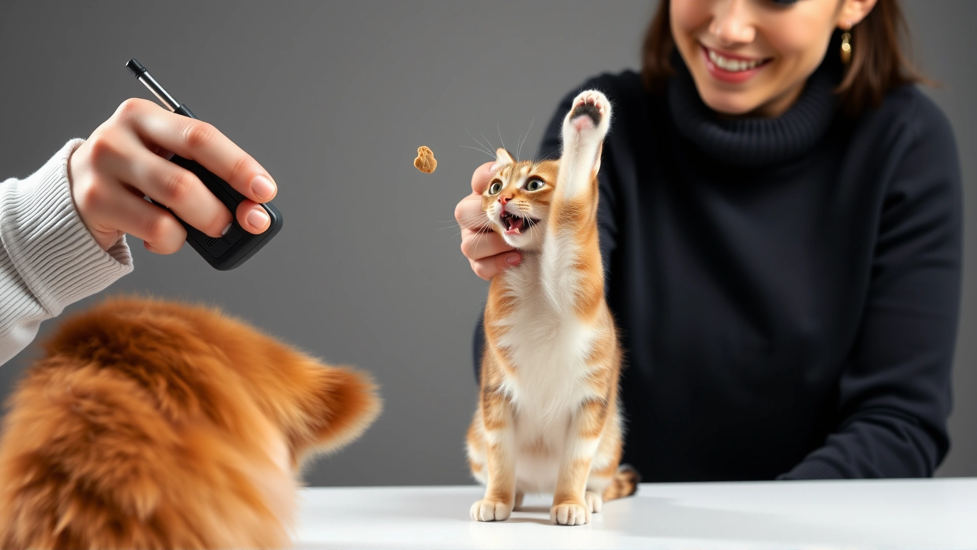 Owner using a clicker and holding a treat while a cat performs a high-five, demonstrating positive reinforcement training, neutral background.