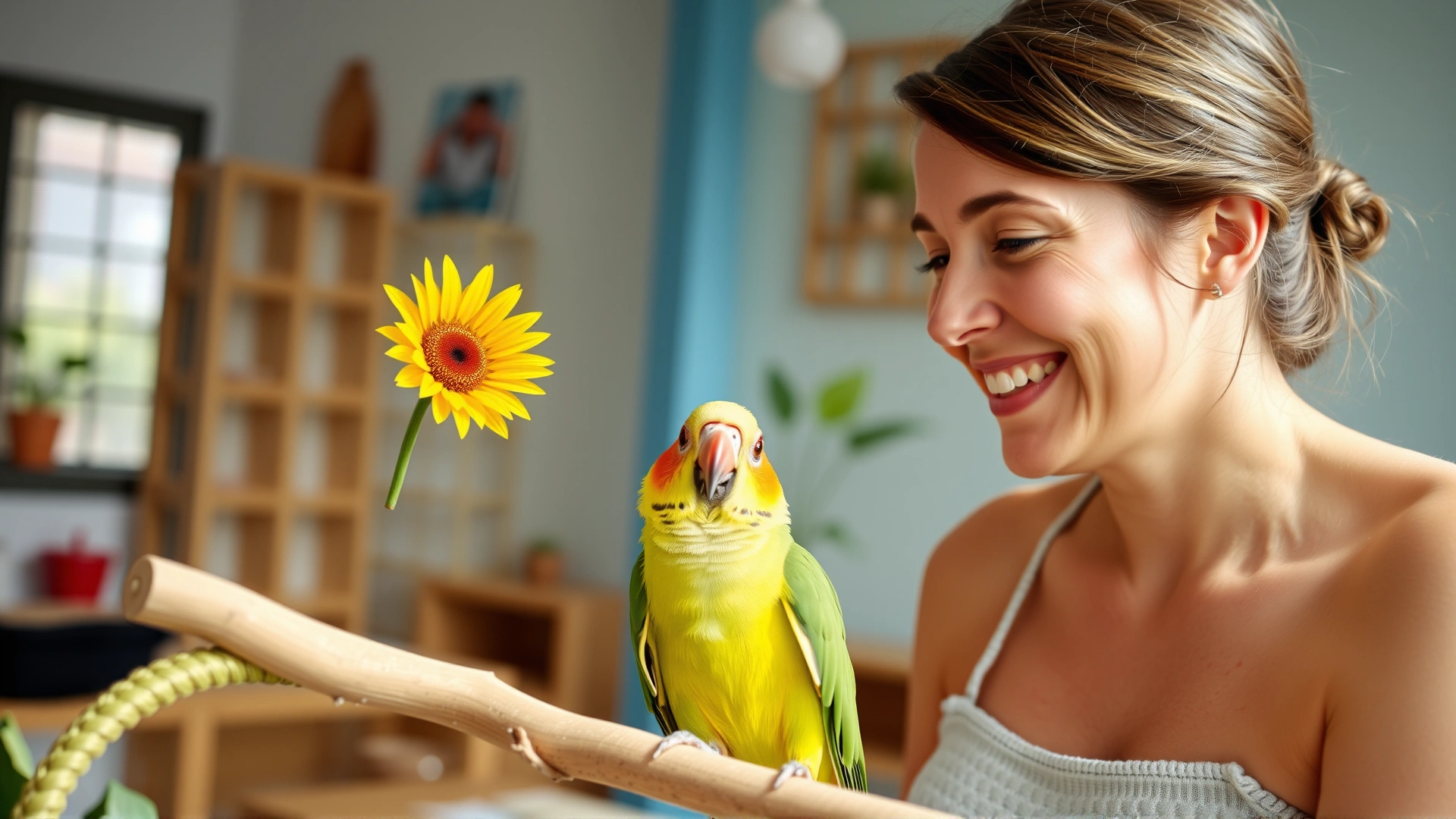 Image of a woman offering a sunflower seed to a small conure on a training perch, both looking engaged and happy, bright indoor setting