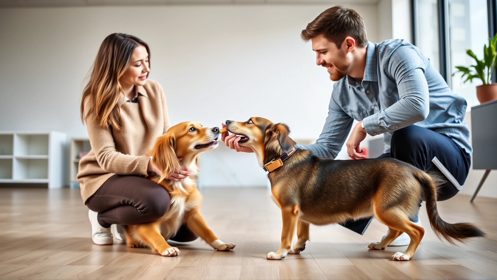 Pet parent kneeling and offering a treat to a calm dog after successful training, inside a bright indoor space
