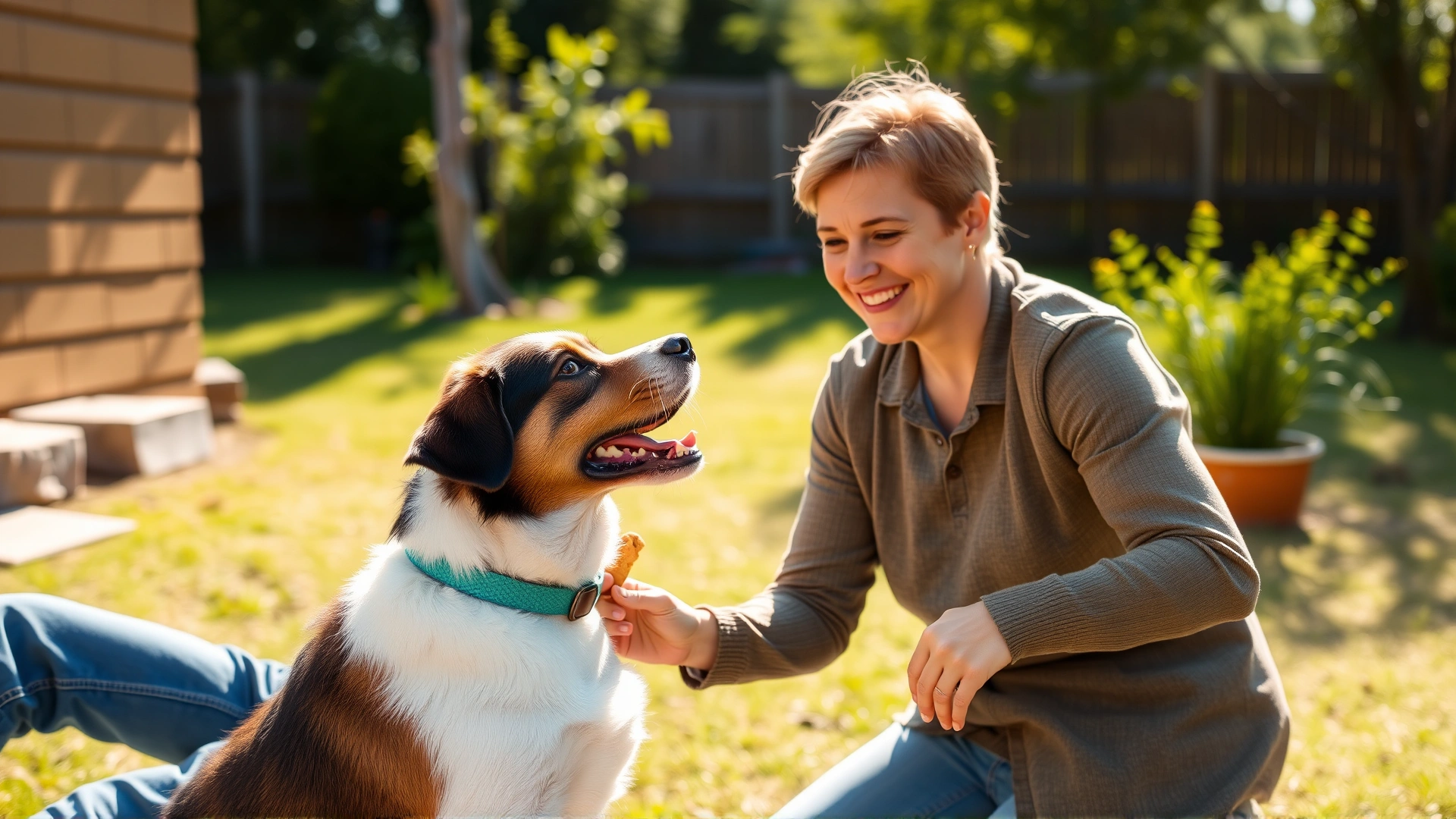 An owner smiling while giving a treat to a sitting dog during a training session in a sunlit backyard, bright daylight, no text.
