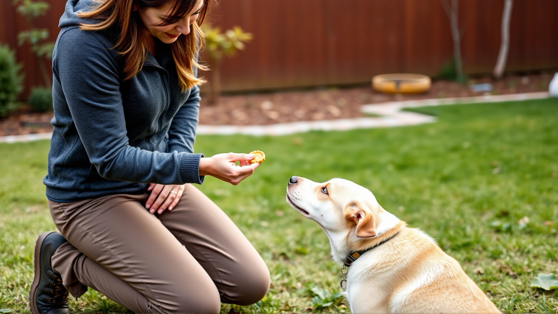 A trainer kneeling and offering a treat to a shy dog in a backyard, using positive reinforcement techniques