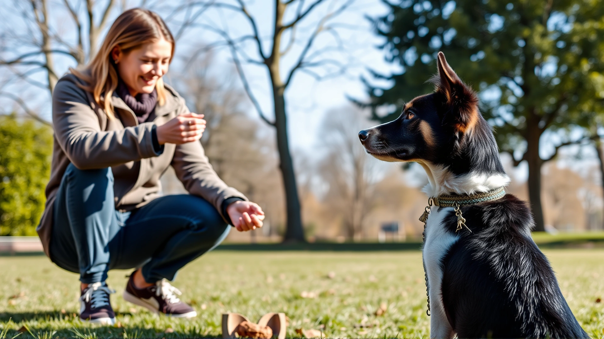 Owner giving treats to two dogs that sit calmly side by side during a training session in the park.