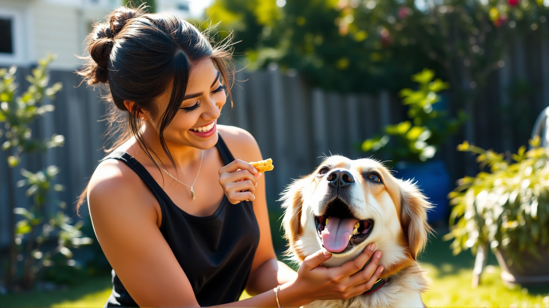 Young woman giving a small treat to her dog during a training session in a backyard, both smiling, bright afternoon light