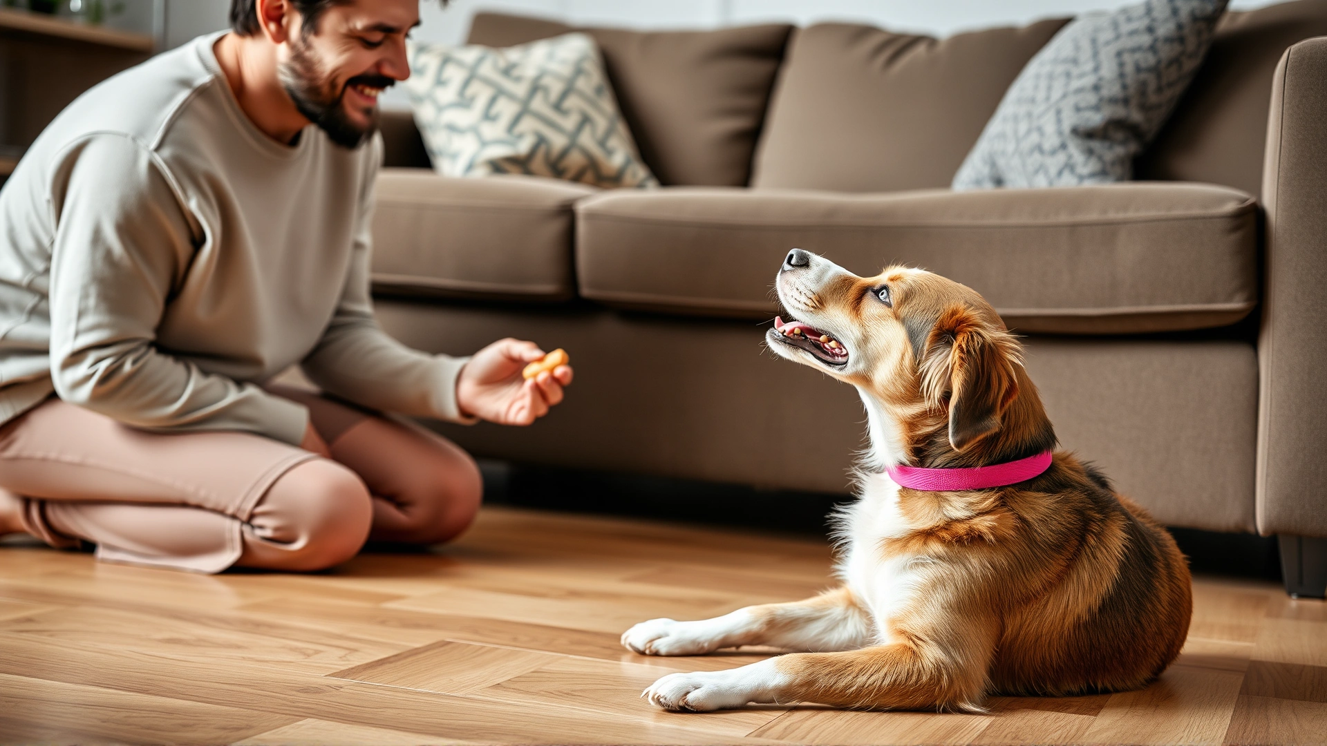 Owner kneeling on the floor giving a treat to a dog obeying the