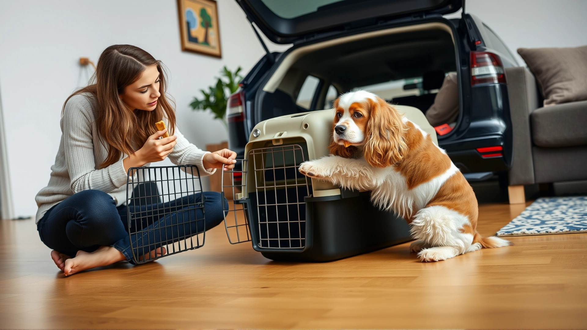 Indoor scene where a woman uses treats to encourage her Cocker Spaniel to step into a car carrier placed on the living room floor.