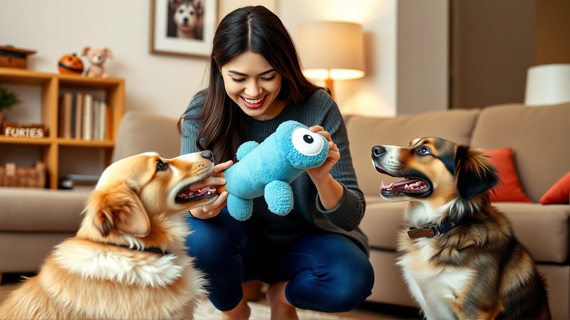 Cheerful young woman exchanging a plush toy for a treat with her dog during a training session in a cozy living room, demonstrating positive reinforcement.