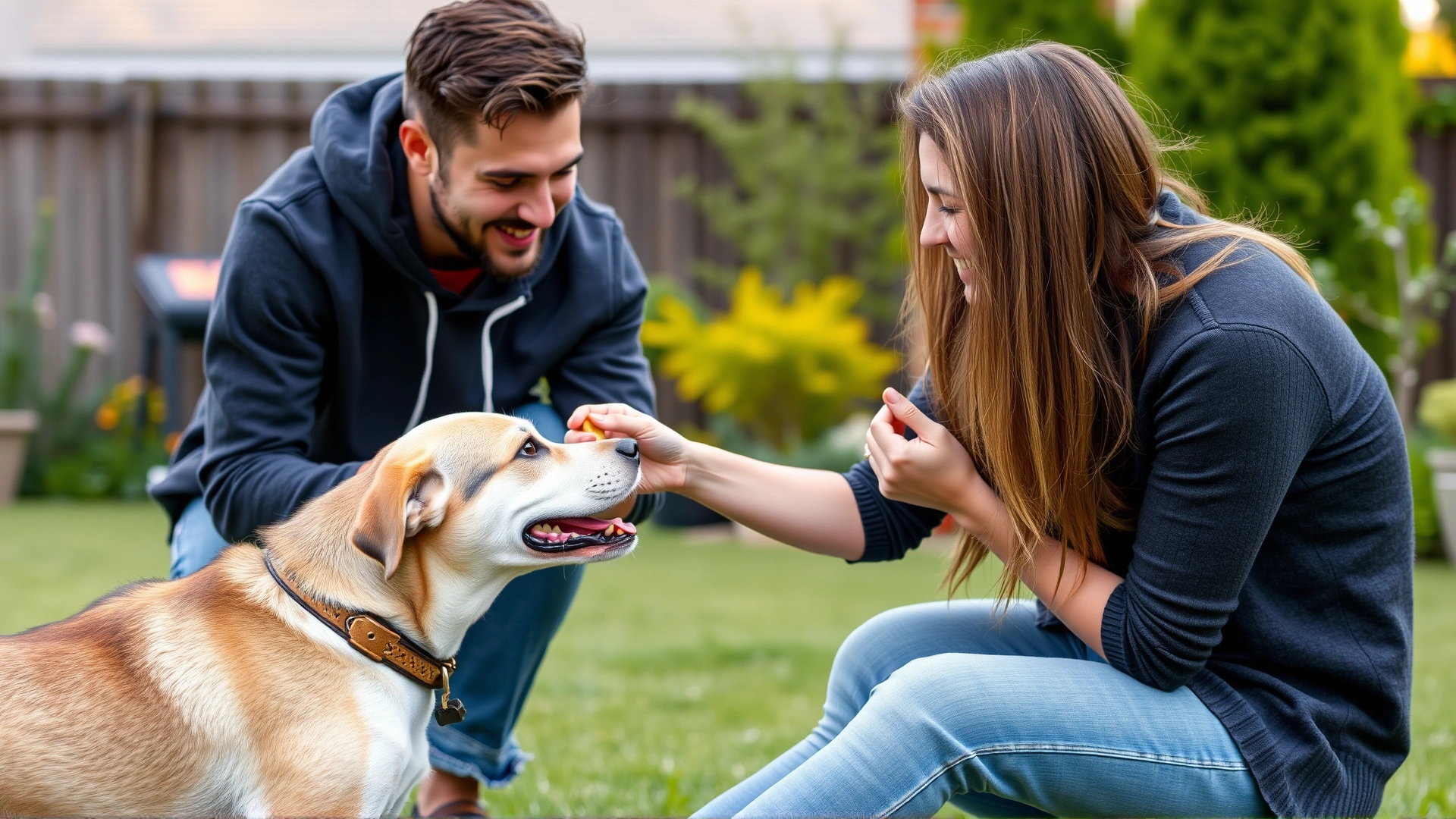 A pet parent offering a treat to a shy dog during a short training session in a backyard, both looking relaxed and focused