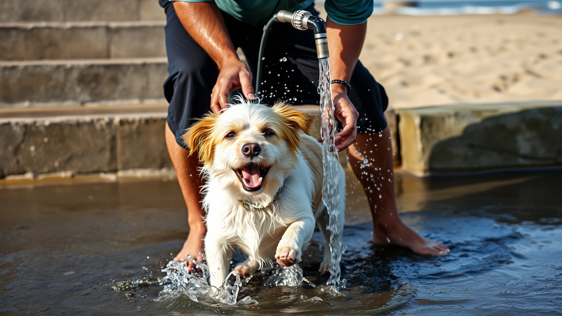 Owner rinsing a wet dog with fresh water using a portable shower near the beach steps, dog shaking water off playfully, candid action shot