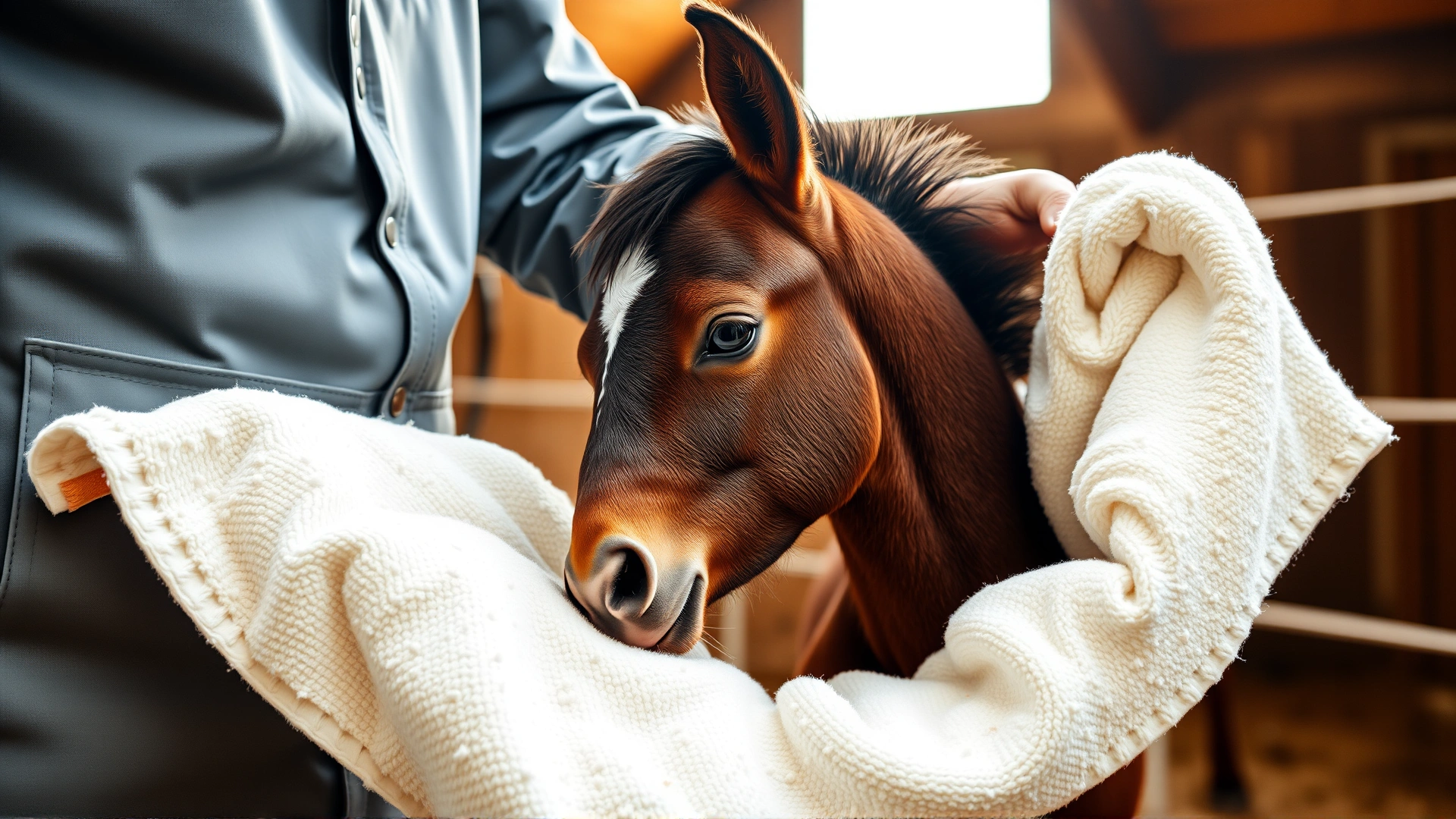 Close-up photo of a caretaker gently drying a newborn foal with a clean towel in a warm-lit barn, realistic style, no text.