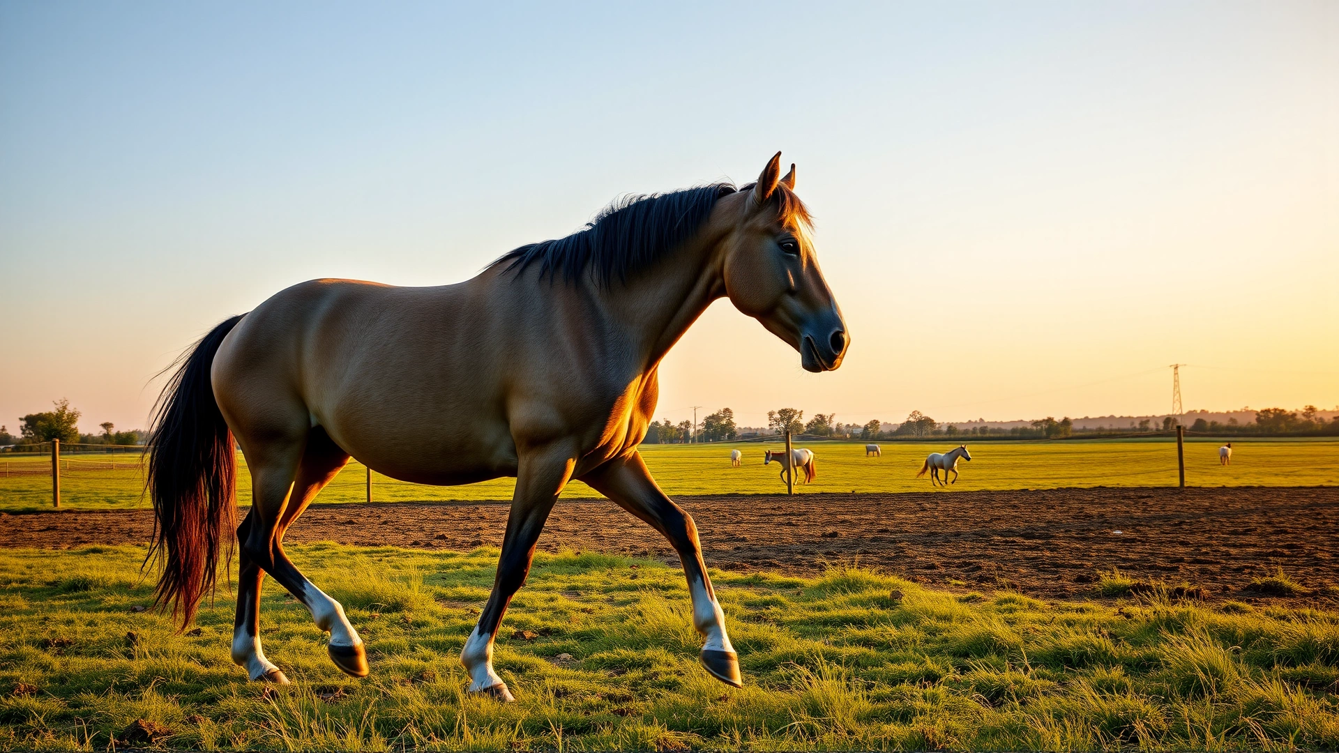 Horse walking leisurely in a paddock during sunset, suggesting post-injection movement and relaxation, no text