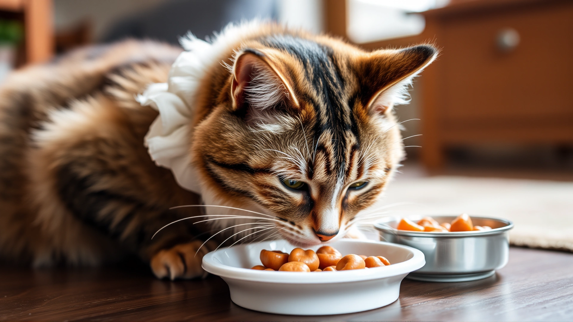 Cat wearing a soft recovery collar while eating canned food from a shallow dish, home setting, cozy lighting