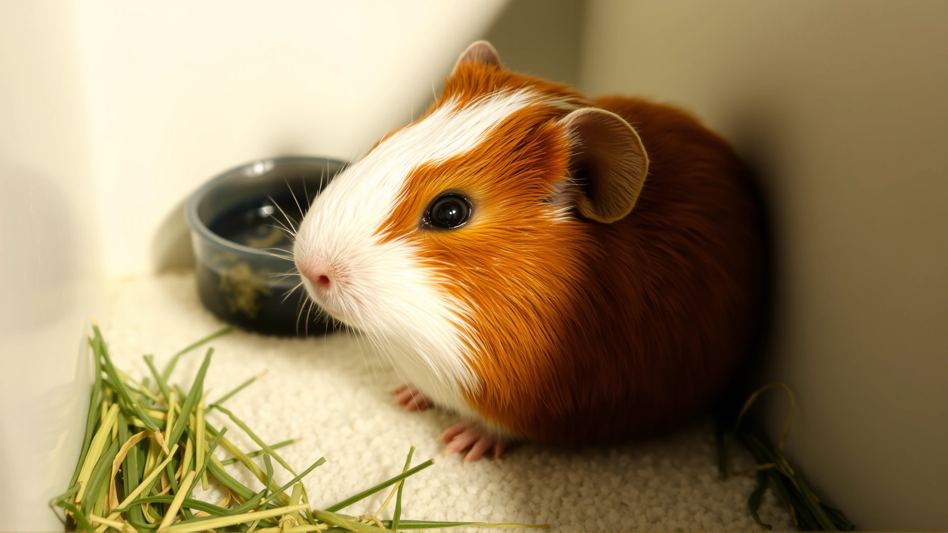 Recovered guinea pig resting comfortably in a clean fleece-lined enclosure with fresh hay and water, looking alert and healthy, warm indoor lighting.
