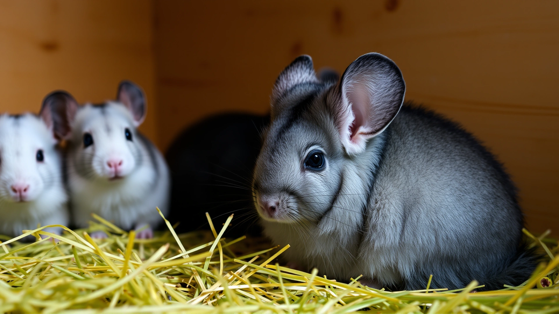Female chinchilla resting in a clean enclosure with fresh hay, separate from males, illustrating post-partum care