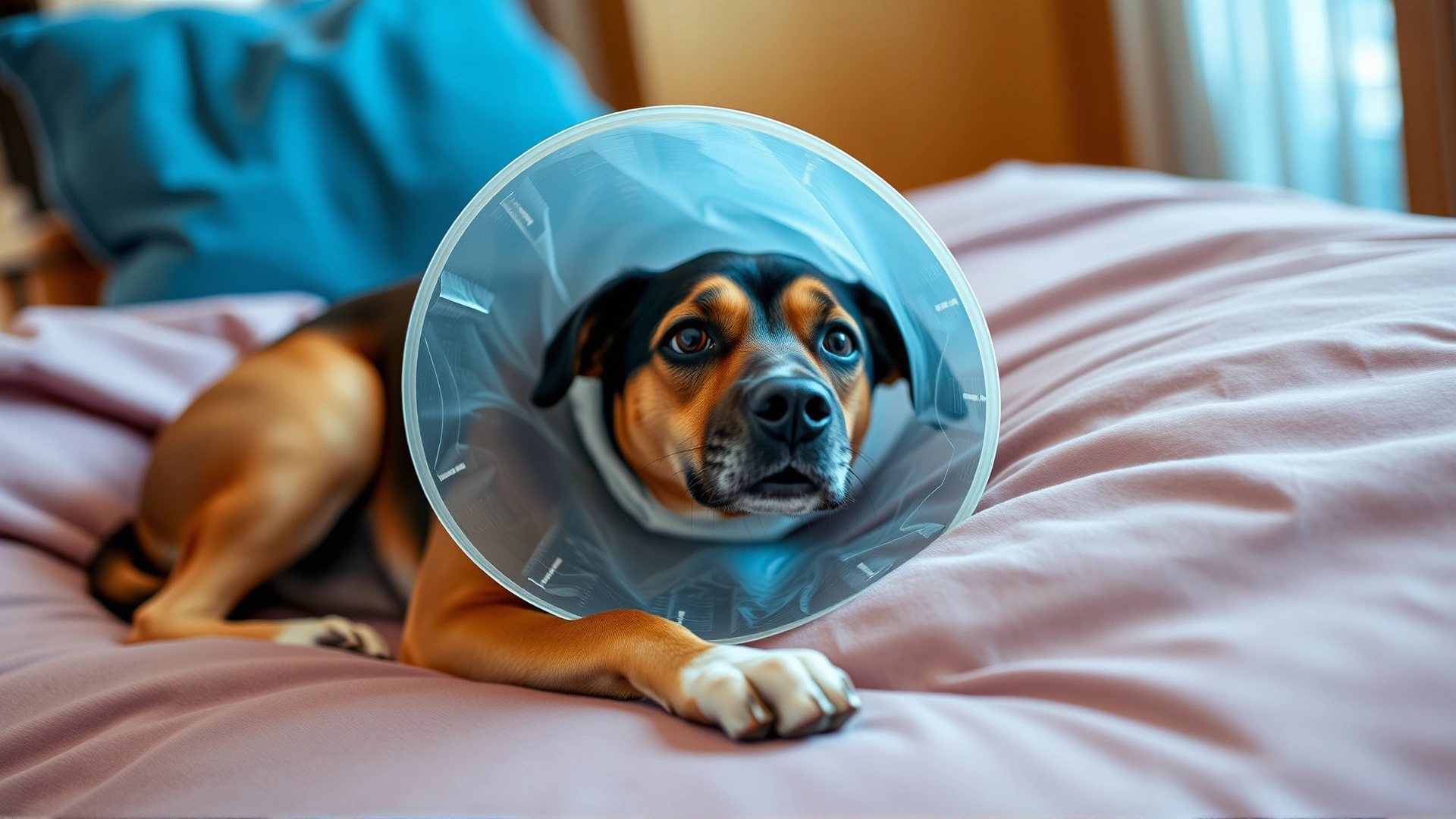 Medium-sized dog wearing a protective cone resting comfortably on a soft bed at home during recovery.