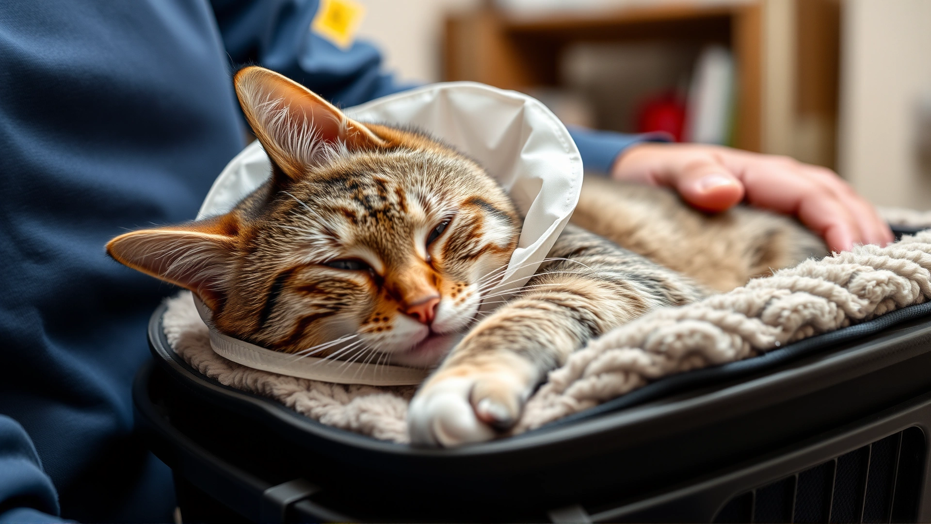 Photo of a recovering cat wearing a soft recovery collar, resting comfortably in a padded carrier while an owner gently pets it, home environment, no text.