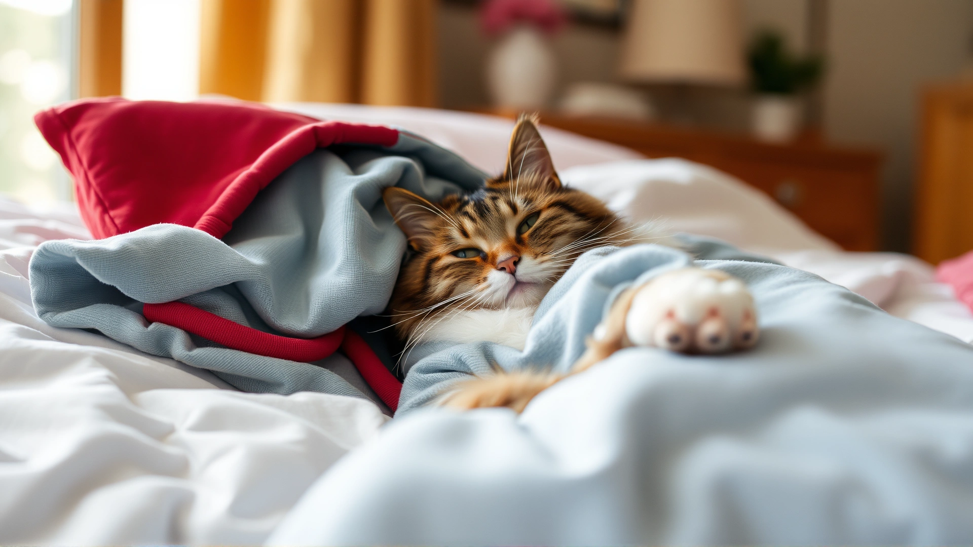 Domestic scene of a cat wearing a recovery suit resting comfortably in a cozy bed at home