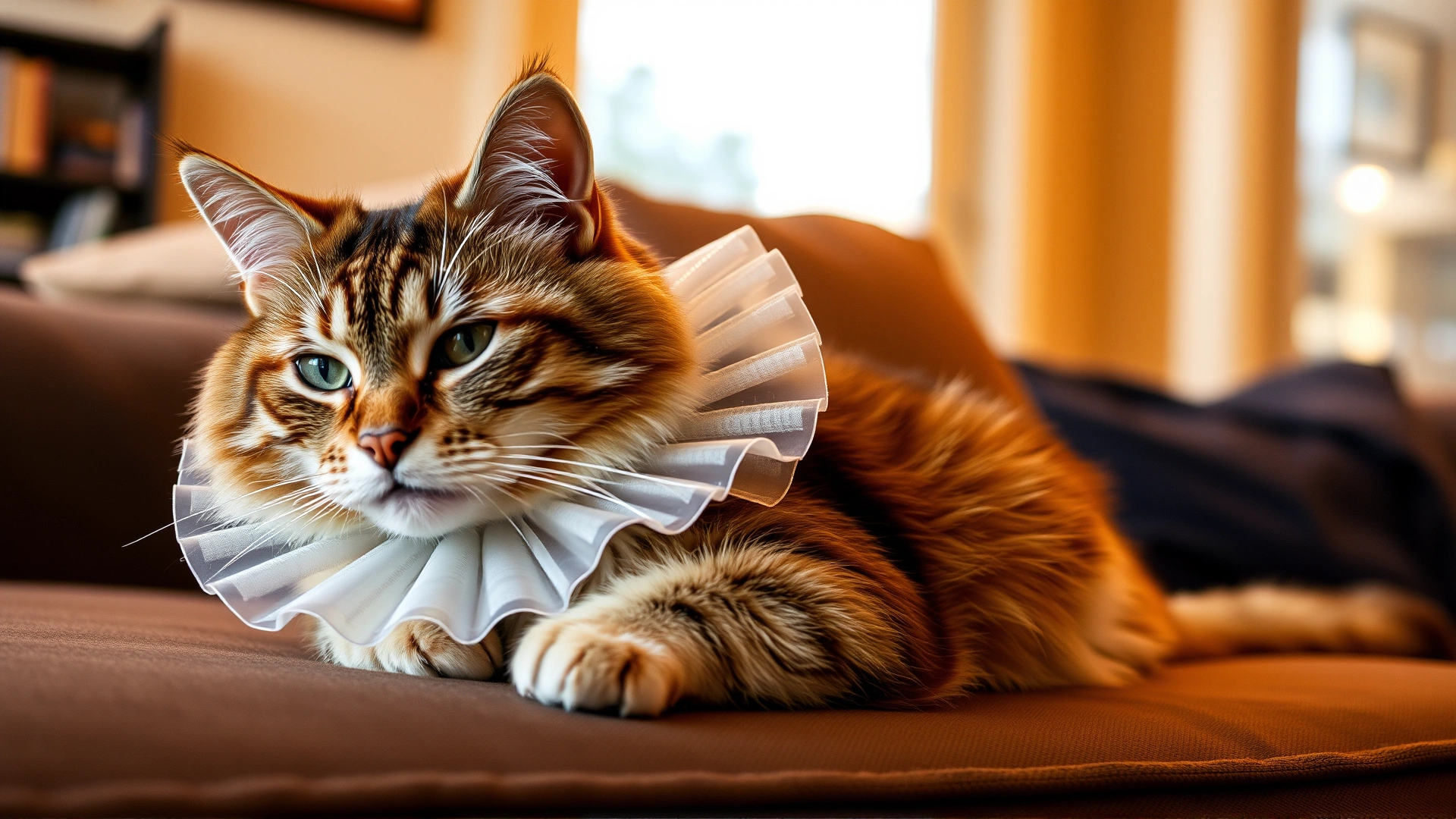 Domestic cat resting comfortably on a couch while wearing a transparent Elizabethan collar, warm home environment, soft evening light.