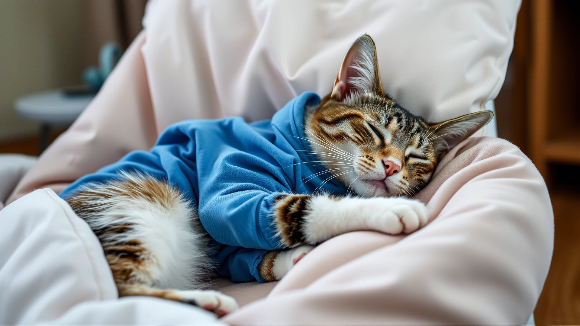 Domestic short-haired cat resting comfortably in a soft recovery bed wearing a post-surgery onesie, warm indoor setting.