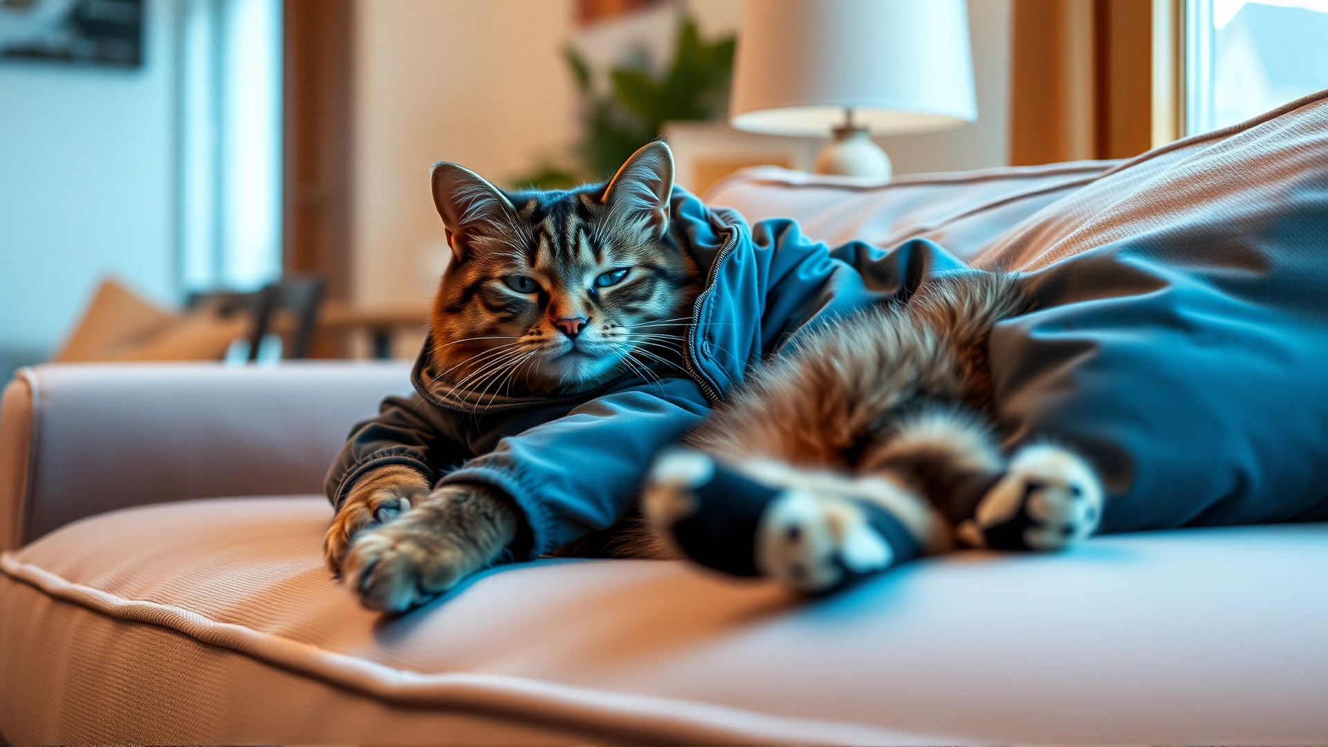 Male cat wearing a soft recovery suit resting comfortably on a couch in a cozy home environment